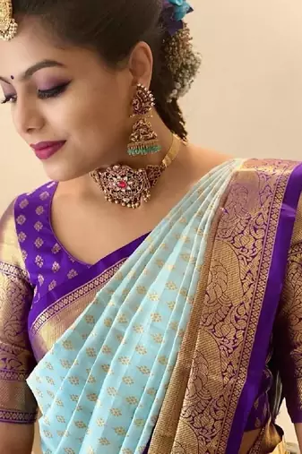 Sky blue purple silk blend banarasi saree with unstitched blouse piece