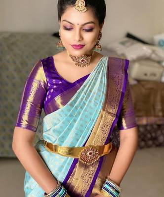 Sky blue purple silk blend banarasi saree with unstitched blouse piece 3