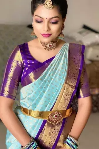 Sky blue purple silk blend banarasi saree with unstitched blouse piece