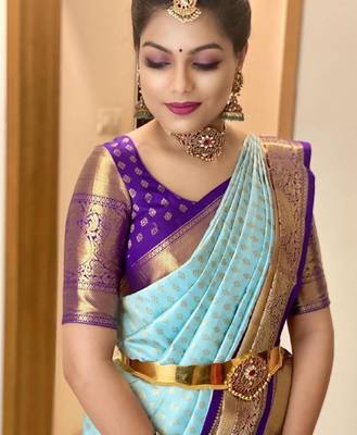 Sky blue purple silk blend banarasi saree with unstitched blouse piece 4