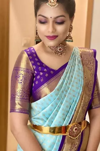 Sky blue purple silk blend banarasi saree with unstitched blouse piece