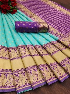 Sky blue purple silk blend banarasi saree with unstitched blouse piece 5