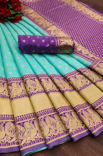 Sky blue purple silk blend banarasi saree with unstitched blouse piece