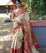 Off white pink silk blend banarasi saree with unstitched blouse piece