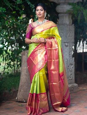 Parrote pink silk blend banarasi saree with unstitched blouse piece 1