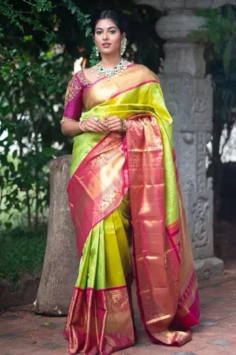 Parrote pink soft silk blend banarasi jacuard work designer party wear saree with unstitched blouse piece