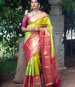 Parrote pink silk blend banarasi saree with unstitched blouse piece