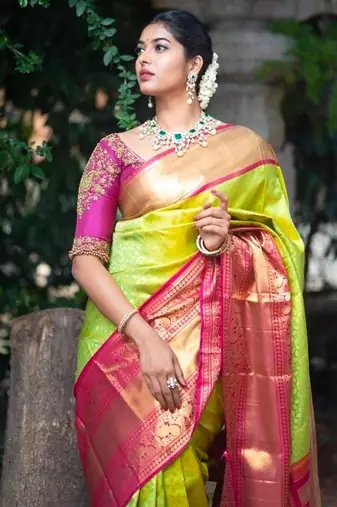 Parrote pink silk blend banarasi saree with unstitched blouse piece