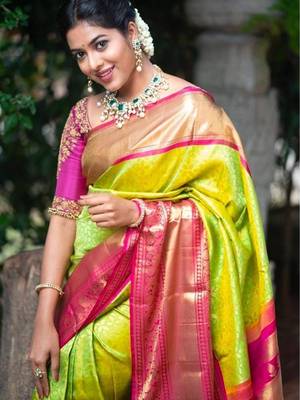 Parrote pink silk blend banarasi saree with unstitched blouse piece 4