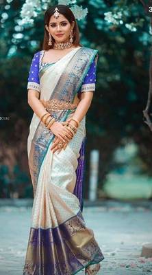 White blue silk blend banarasi saree with unstitched blouse piece 1