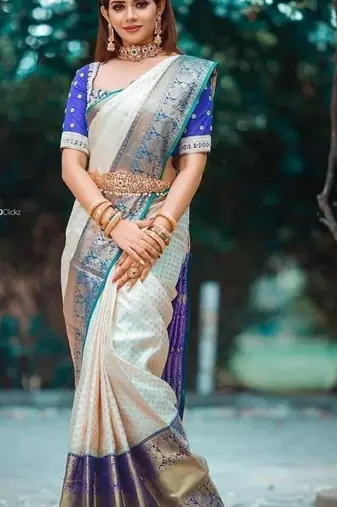 White blue soft silk blend banarasi jacuard work designer party wear saree with unstitched blouse piece