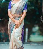 White blue soft silk blend banarasi jacuard work designer party wear saree with unstitched blouse piece