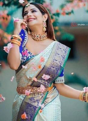 White blue silk blend banarasi saree with unstitched blouse piece 2
