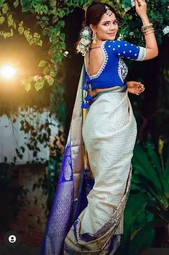 White blue silk blend banarasi saree with unstitched blouse piece