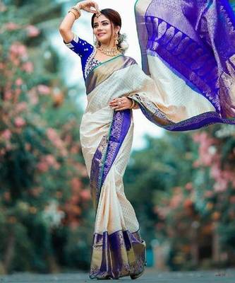 White blue silk blend banarasi saree with unstitched blouse piece 5