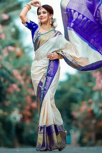 White blue silk blend banarasi saree with unstitched blouse piece