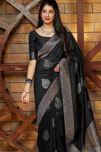 Black soft silk blend banarasi jacuard work designer party wear saree with unstitched blouse piece