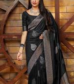 Black silk blend banarasi saree with unstitched blouse piece