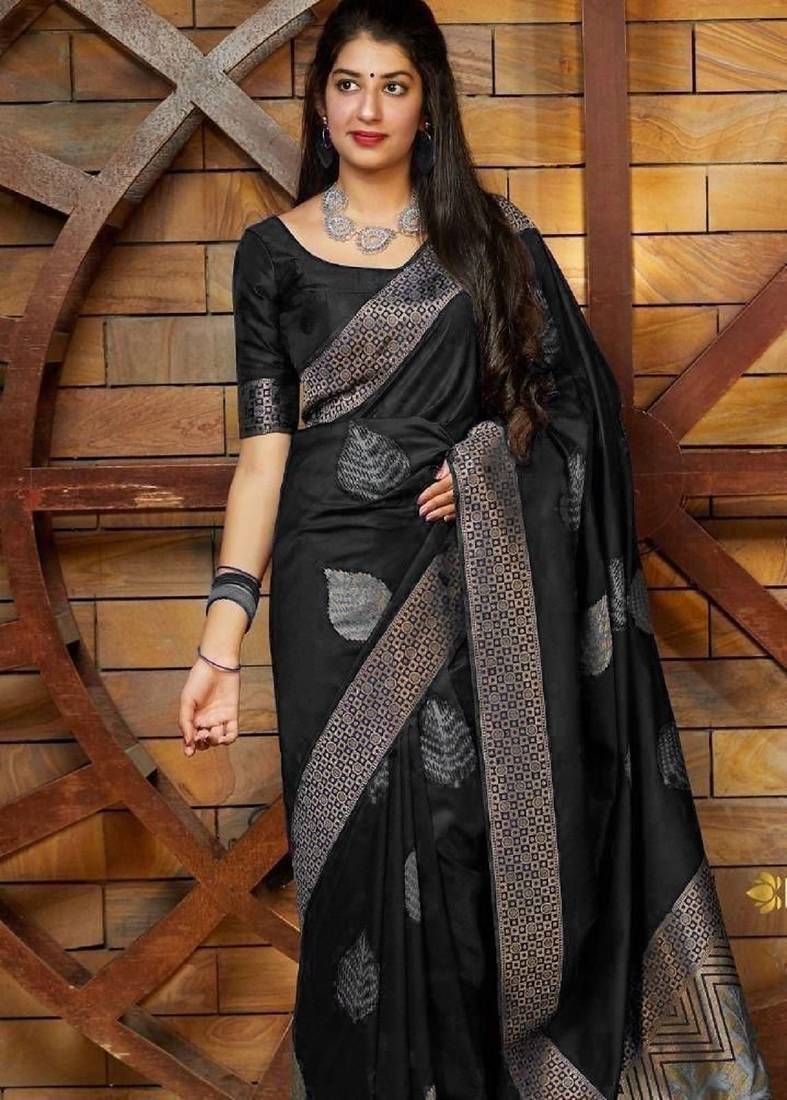 Black soft silk blend banarasi jacuard work designer party wear saree with unstitched blouse piece