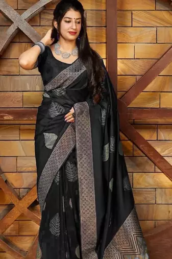 Black silk blend banarasi saree with unstitched blouse piece
