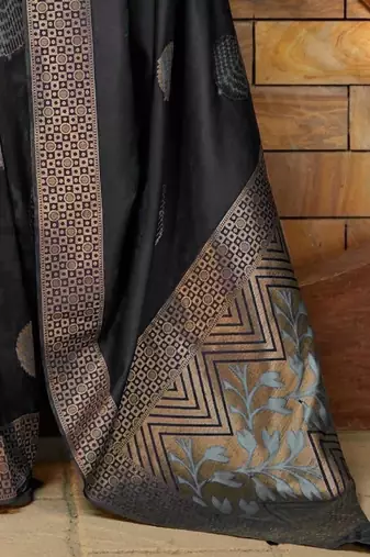 Black silk blend banarasi saree with unstitched blouse piece
