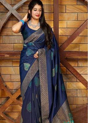 Blue silk blend banarasi saree with unstitched blouse piece 1