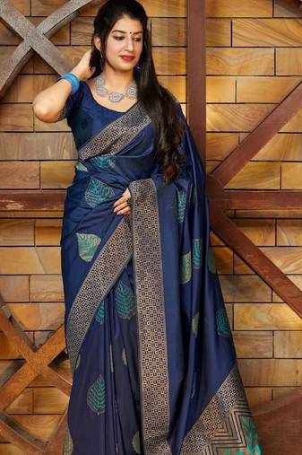 Blue soft silk blend banarasi jacuard work designer party wear saree with unstitched blouse piece