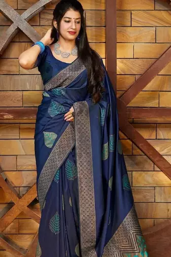 Blue soft silk blend banarasi jacuard work designer party wear saree with unstitched blouse piece