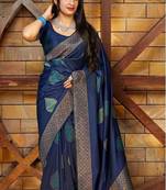 Blue silk blend banarasi saree with unstitched blouse piece