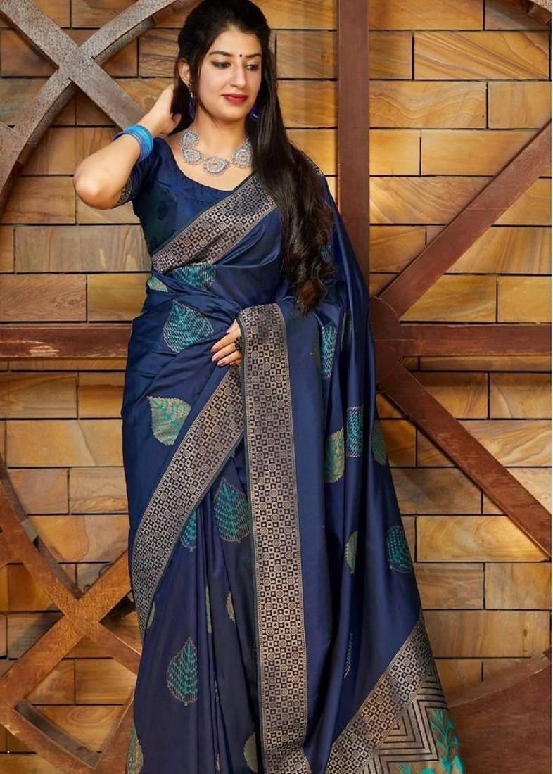 Blue soft silk blend banarasi jacuard work designer party wear saree with unstitched blouse piece