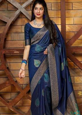 Blue silk blend banarasi saree with unstitched blouse piece 2