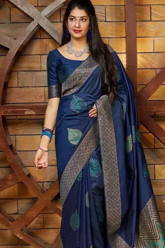Blue silk blend banarasi saree with unstitched blouse piece