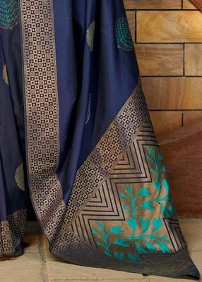 Blue silk blend banarasi saree with unstitched blouse piece 3