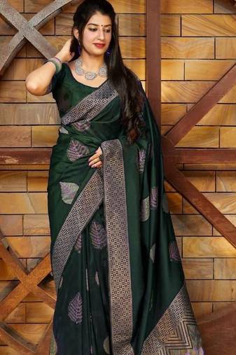 Green soft silk blend banarasi jacuard work designer party wear saree with unstitched blouse piece