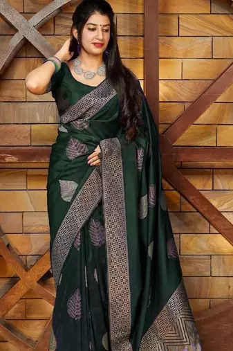 Green soft silk blend banarasi jacuard work designer party wear saree with unstitched blouse piece