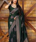 Green silk blend banarasi saree with unstitched blouse piece