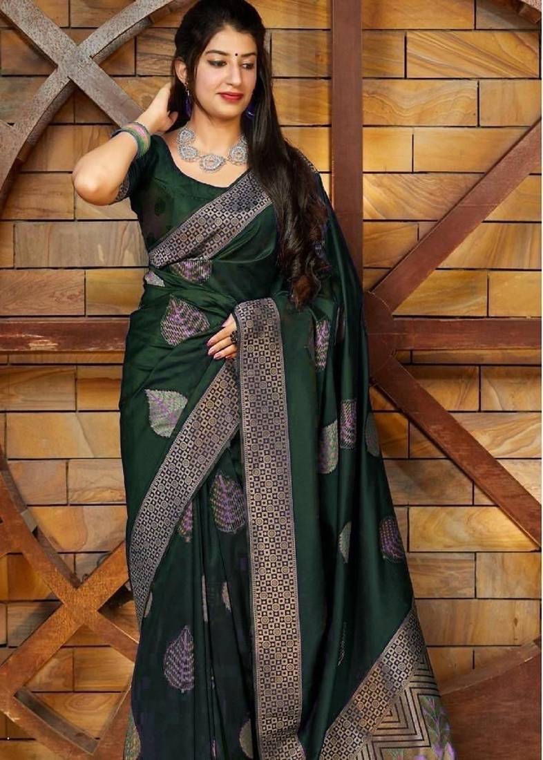 Green soft silk blend banarasi jacuard work designer party wear saree with unstitched blouse piece