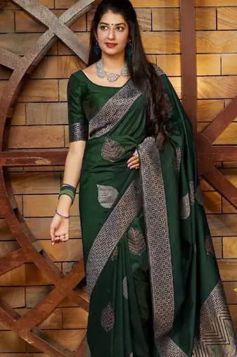 Green silk blend banarasi saree with unstitched blouse piece