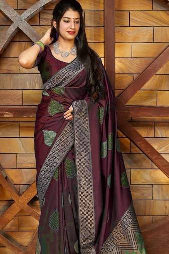 Maroon soft silk blend banarasi jacuard work designer party wear saree with unstitched blouse piece
