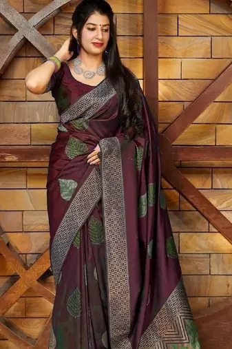 Maroon soft silk blend banarasi jacuard work designer party wear saree with unstitched blouse piece