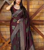 Maroon silk blend banarasi saree with unstitched blouse piece