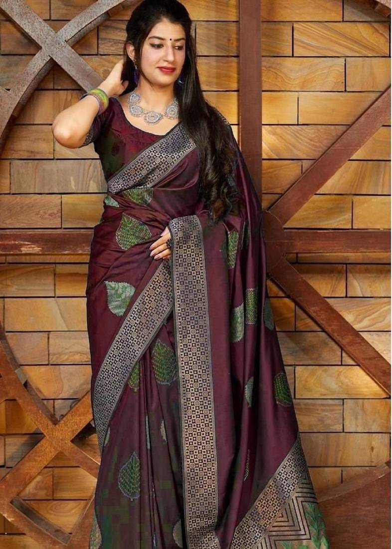 Maroon soft silk blend banarasi jacuard work designer party wear saree with unstitched blouse piece