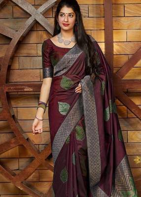 Maroon silk blend banarasi saree with unstitched blouse piece 2