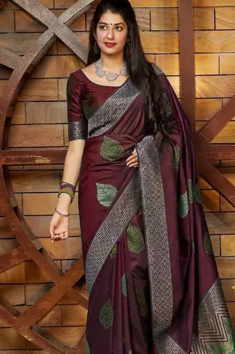 Maroon silk blend banarasi saree with unstitched blouse piece