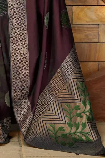 Maroon silk blend banarasi saree with unstitched blouse piece