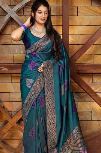 Turuoise soft silk blend banarasi jacuard work designer party wear saree with unstitched blouse piece