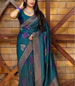 Turuoise silk blend banarasi saree with unstitched blouse piece