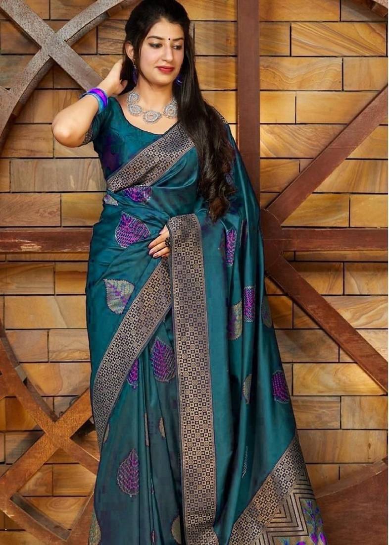 Turuoise soft silk blend banarasi jacuard work designer party wear saree with unstitched blouse piece