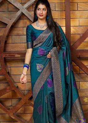 Turuoise silk blend banarasi saree with unstitched blouse piece 2