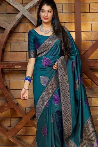 Turuoise silk blend banarasi saree with unstitched blouse piece